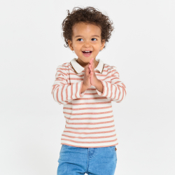 قميص بولو بأكمام طويلة من الصوف الناعم المخطط، باللون الأحمر للفتيان الرُضًع.